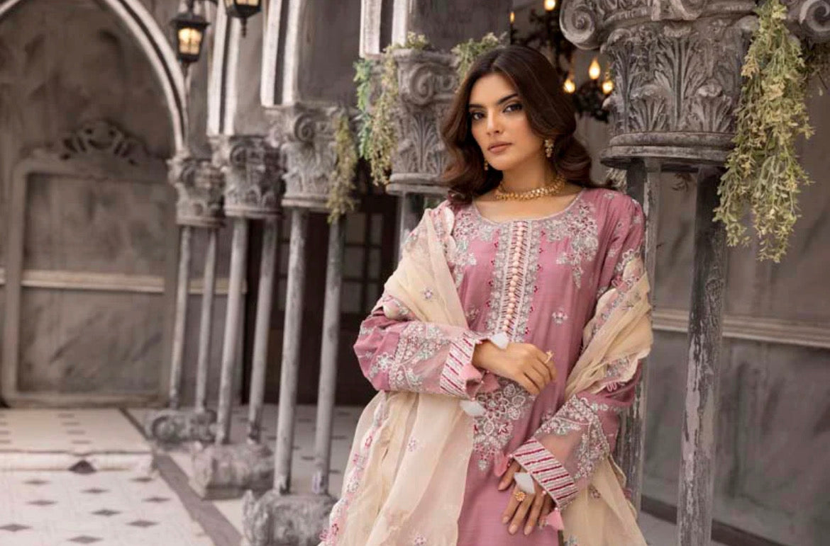 Maria B Inspired Embroidered Pink Viscose 3 Piece Plazoo Outfit