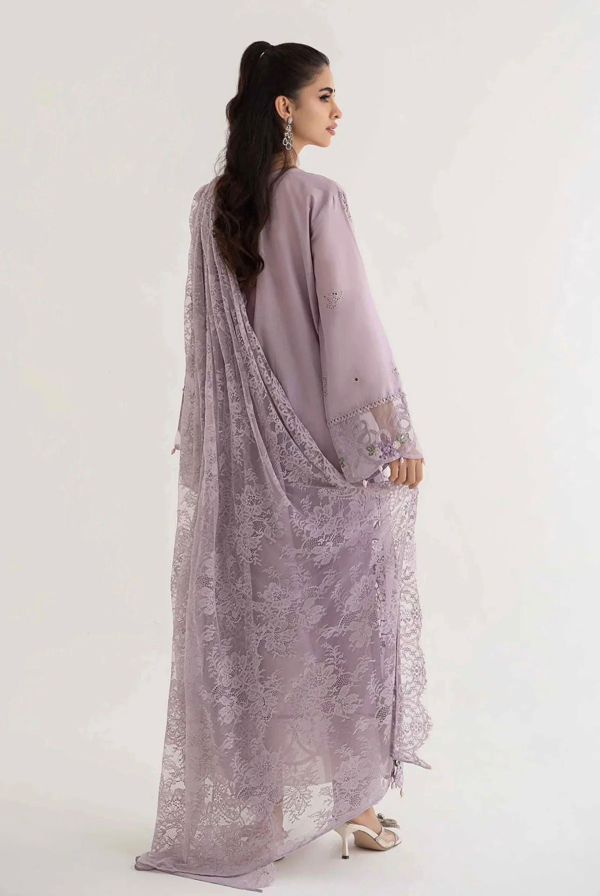 Maria B Inspired Embroidered Lilac 3 Piece Trouser Outfit With Net Dupatta