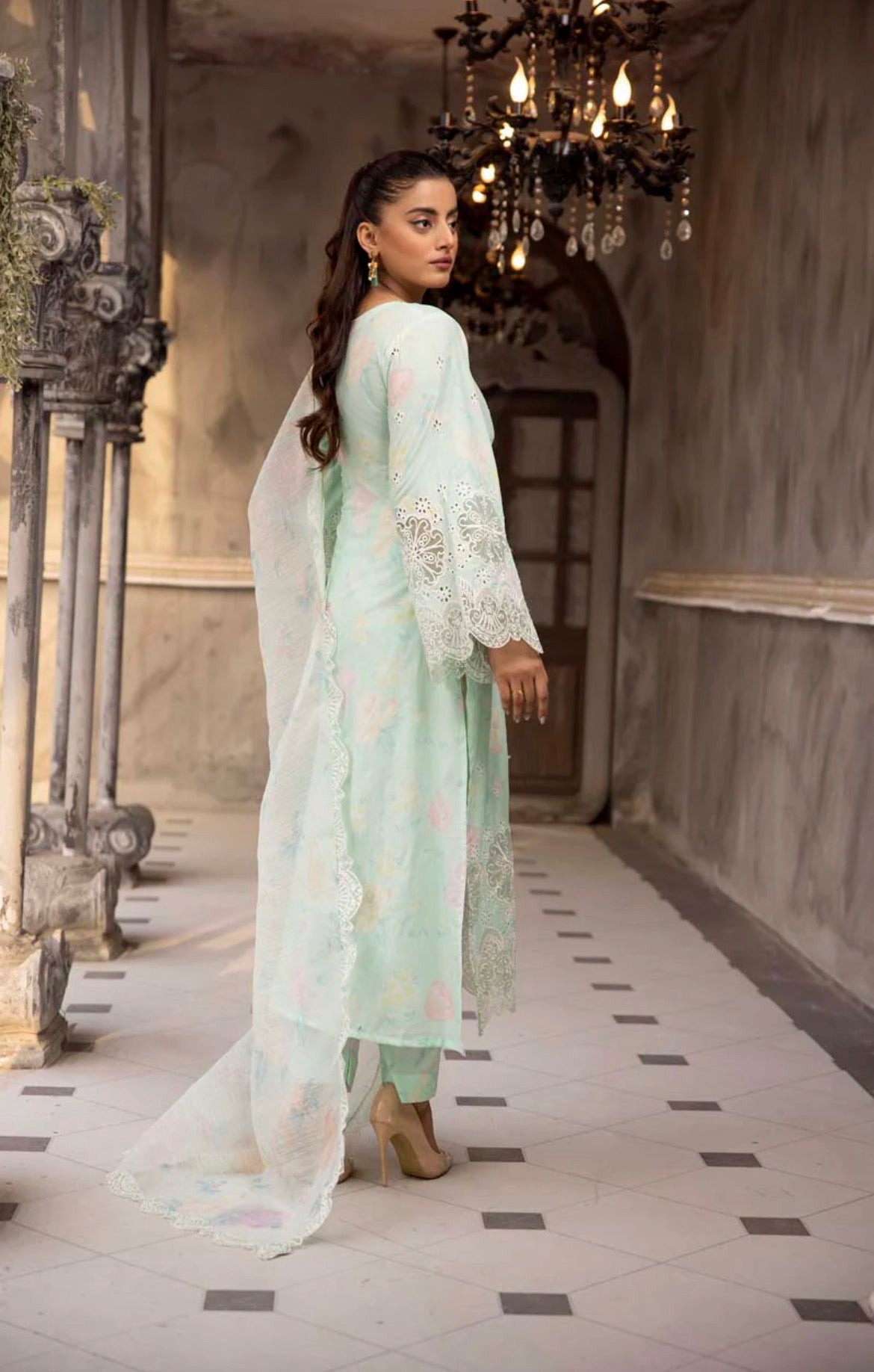 Ethnic Inspired Lawn Mint 3 Piece Outfit With Embroidered Dupatta