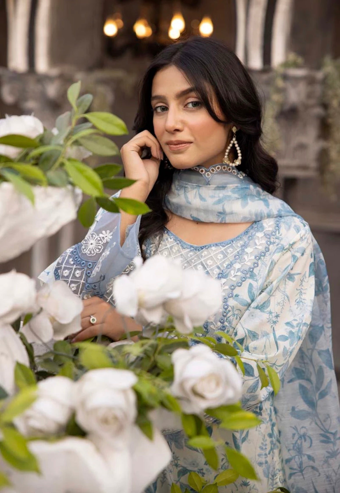 Ethnic Inspired Lawn Steel Blue 3 Piece Outfit With Embroidered Dupatta