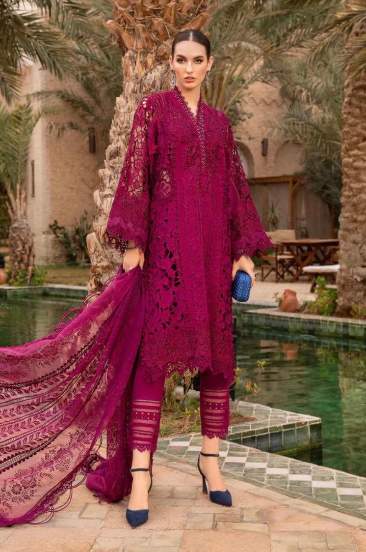 Maria B Inspired Laser Embroidered Fuscia Pink 3 Piece Trouser Outfit With Net Dupatta