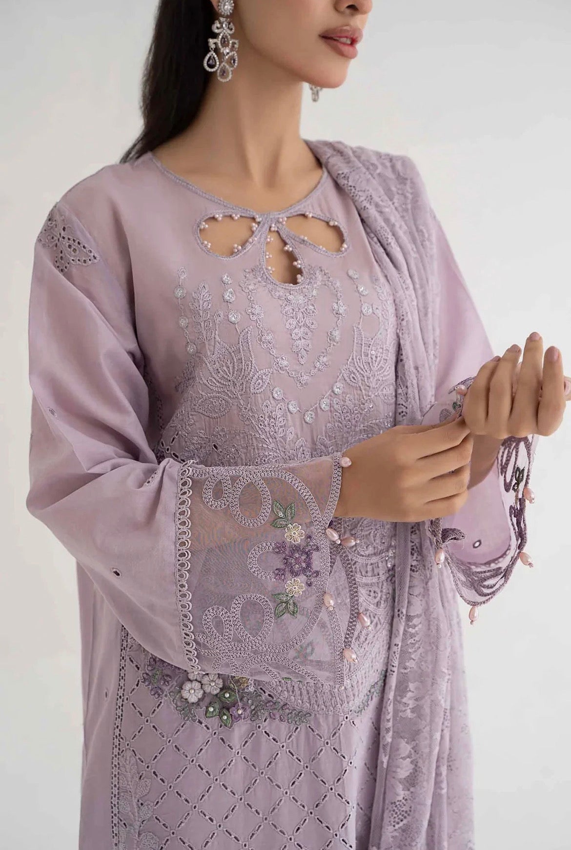 Maria B Inspired Embroidered Lilac 3 Piece Trouser Outfit With Net Dupatta