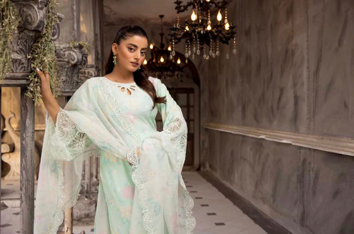 Ethnic Inspired Lawn Mint 3 Piece Outfit With Embroidered Dupatta