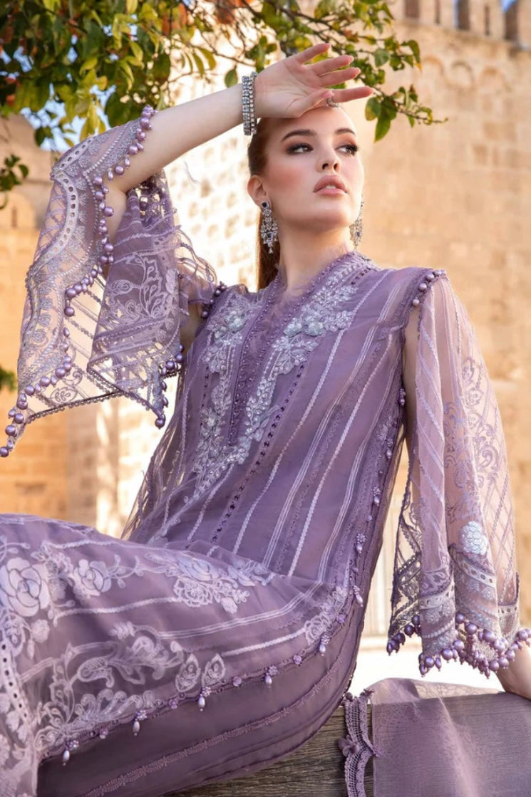 Maria B Inspired Chikan Embroidered Lilac 3 piece Trouser Outfit With Net Dupatta