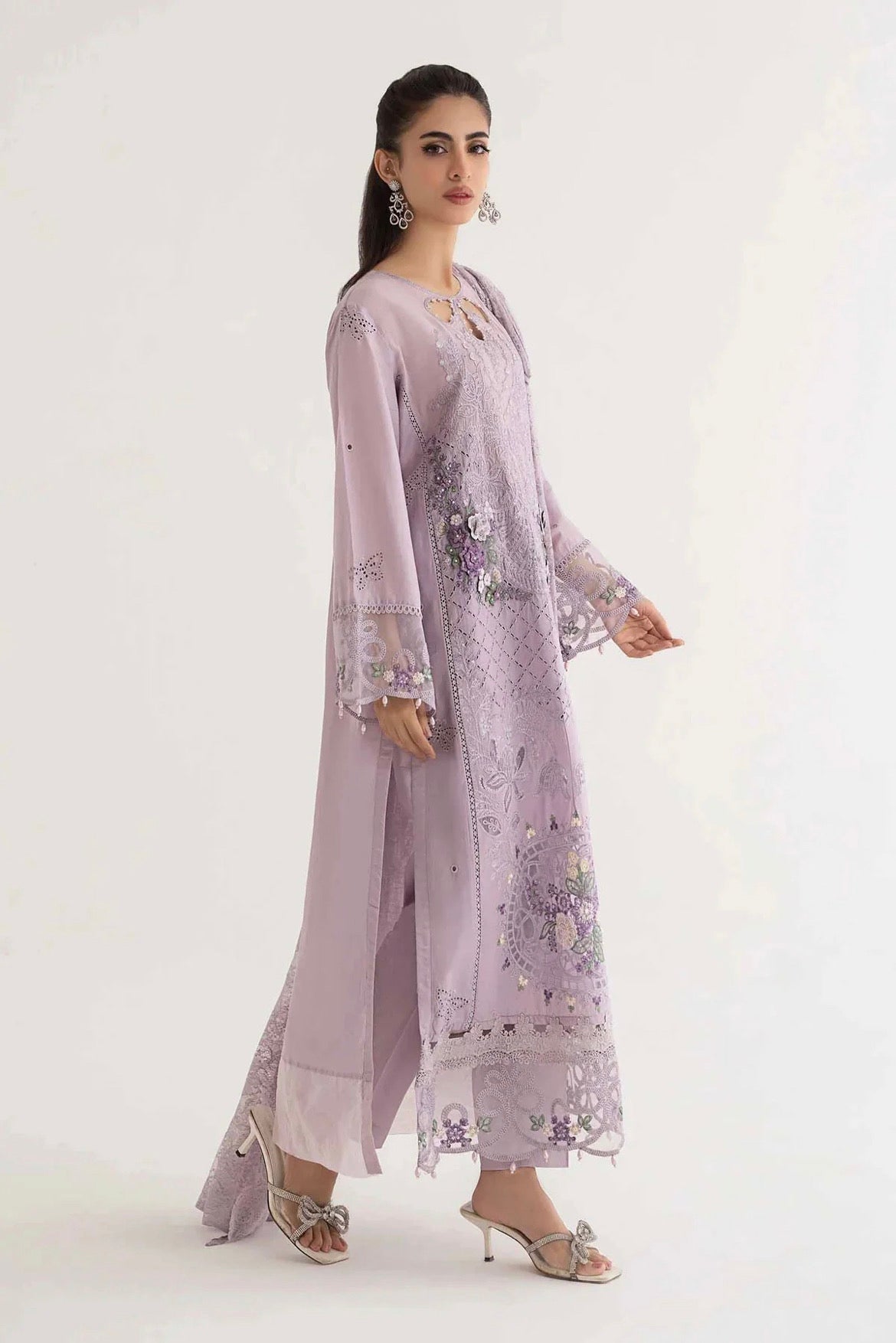 Maria B Inspired Embroidered Lilac 3 Piece Trouser Outfit With Net Dupatta