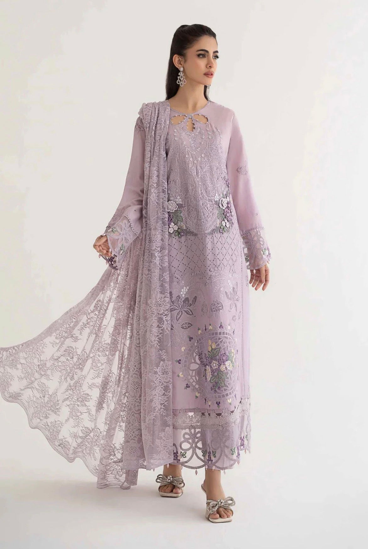 Maria B Inspired Embroidered Lilac 3 Piece Trouser Outfit With Net Dupatta
