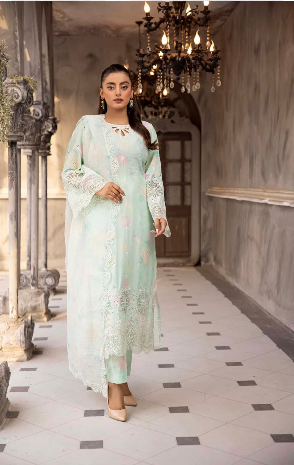Ethnic Inspired Lawn Mint 3 Piece Outfit With Embroidered Dupatta