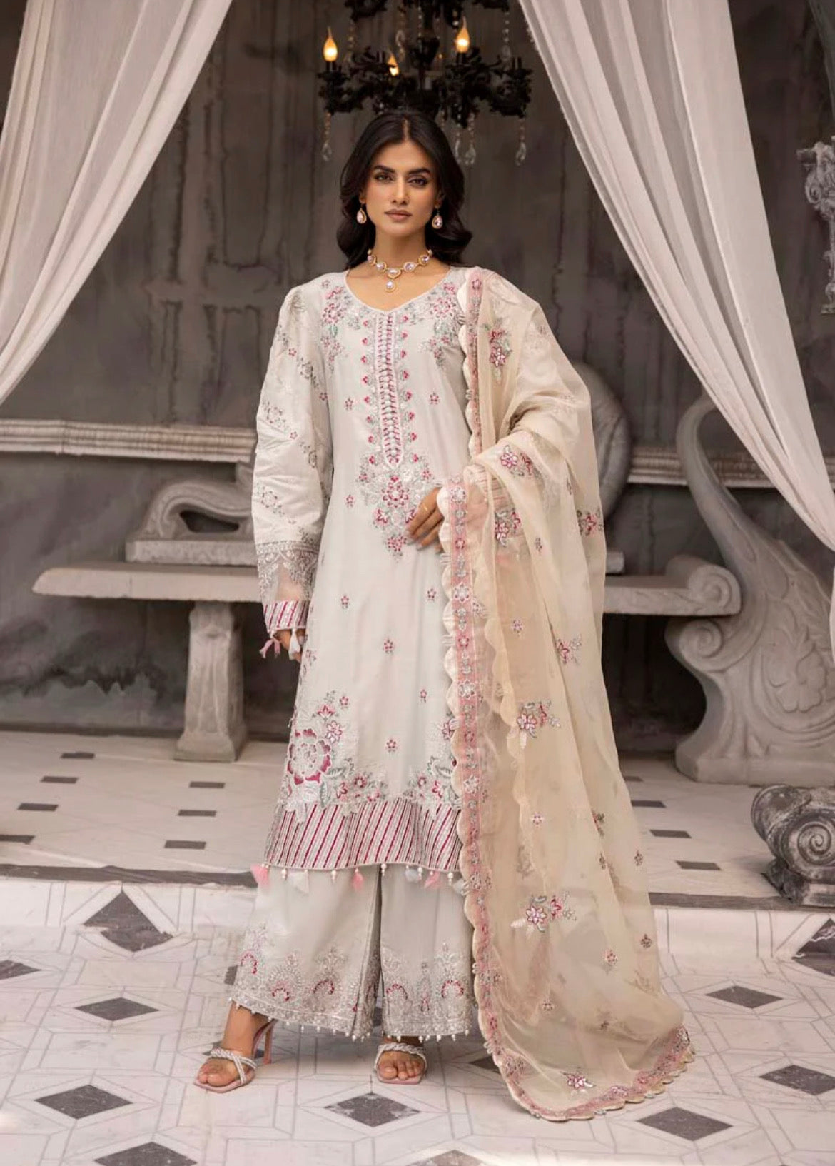 Maria B Inspired Embroidered Mint Viscose 3 Piece Plazoo Outfit