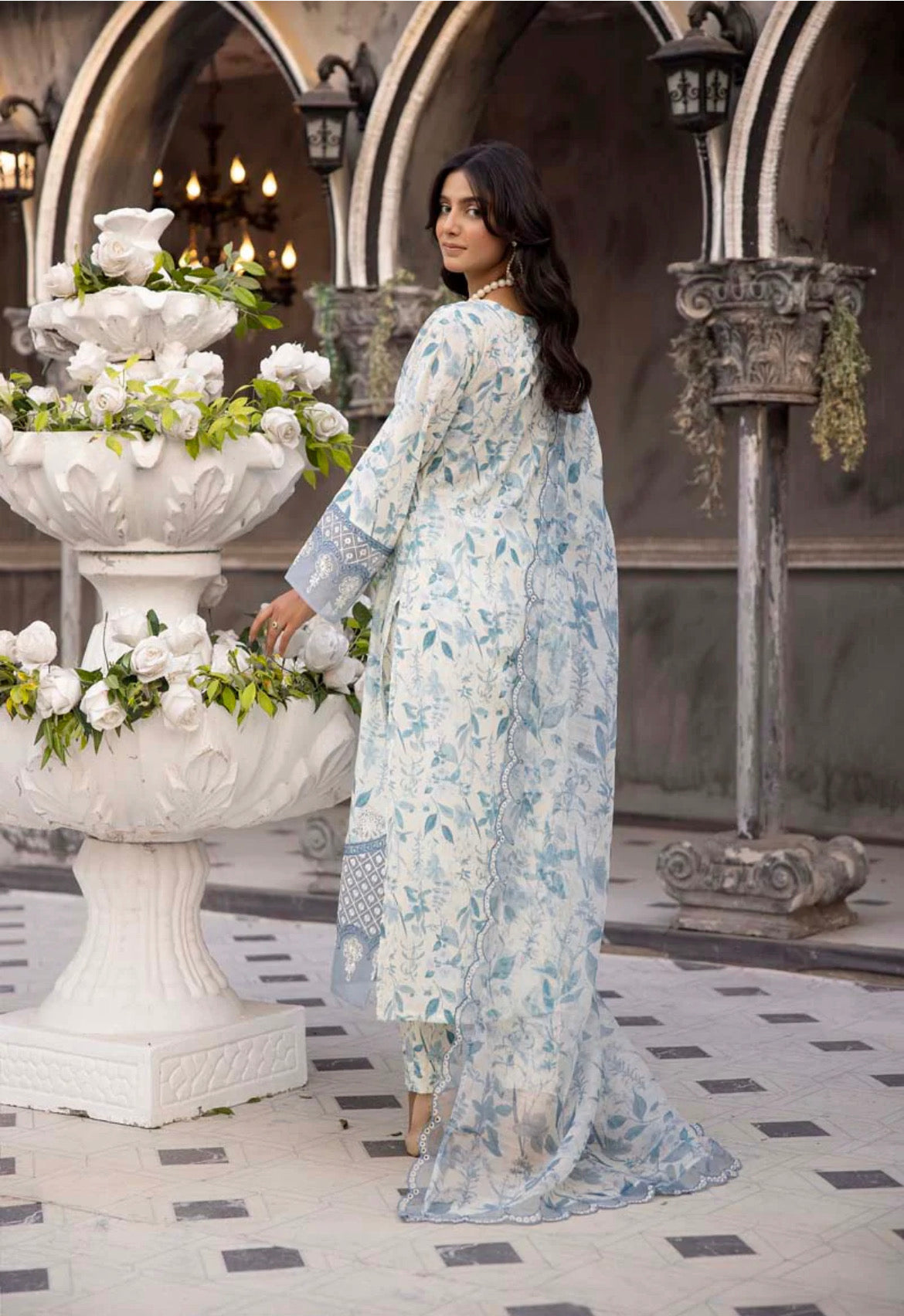 Ethnic Inspired Lawn Steel Blue 3 Piece Outfit With Embroidered Dupatta