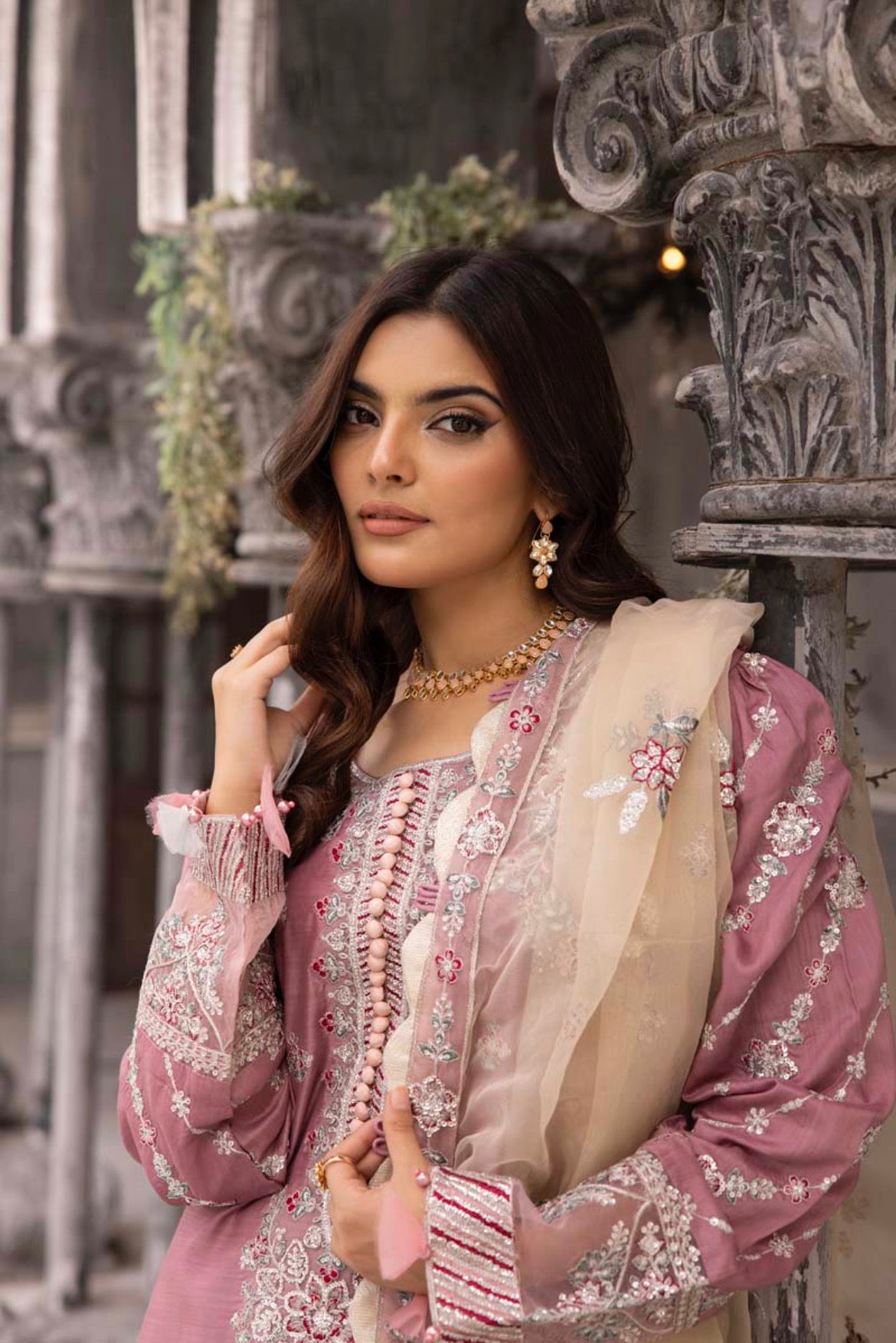 Maria B Inspired Embroidered Pink Viscose 3 Piece Plazoo Outfit