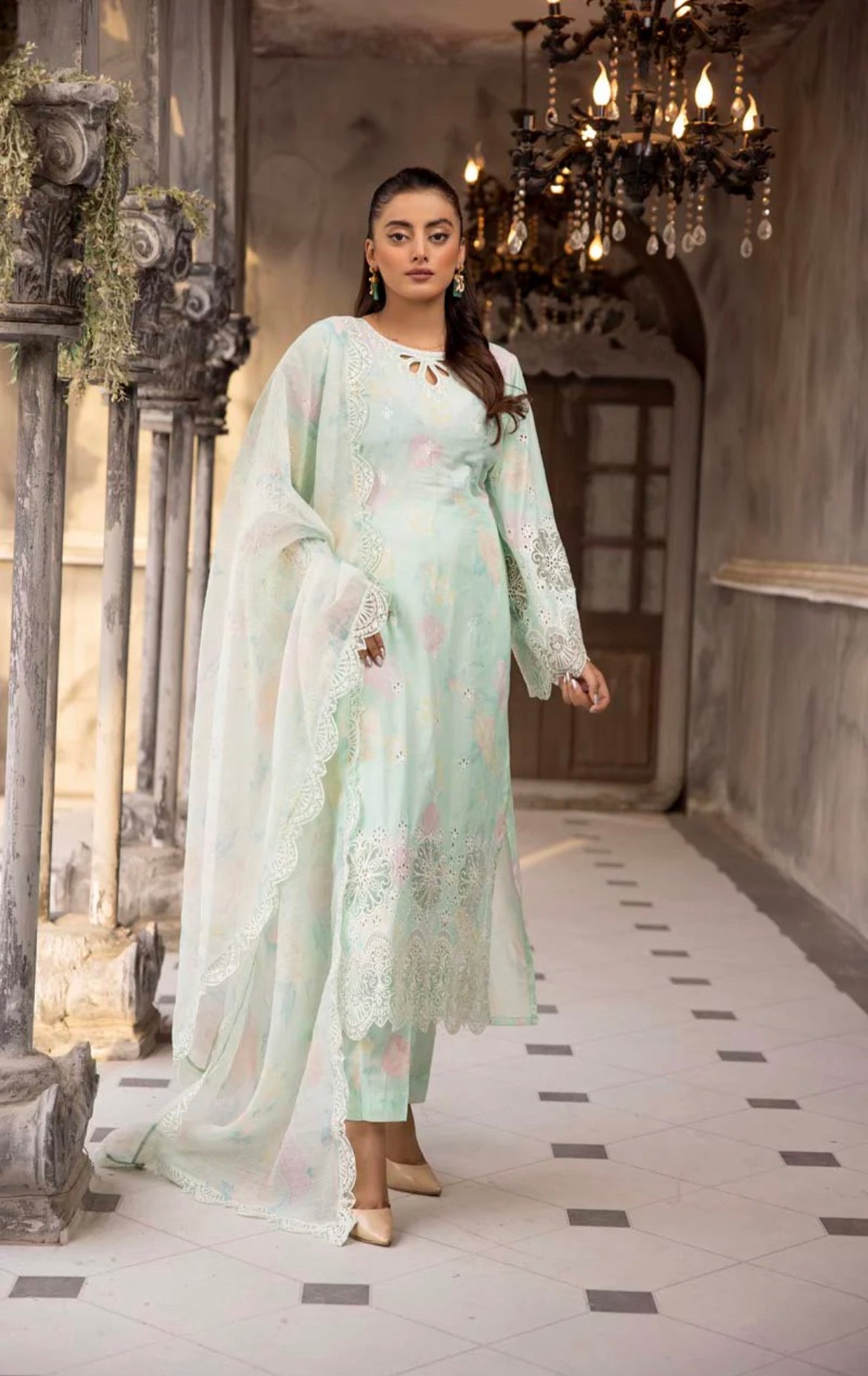 Ethnic Inspired Lawn Mint 3 Piece Outfit With Embroidered Dupatta