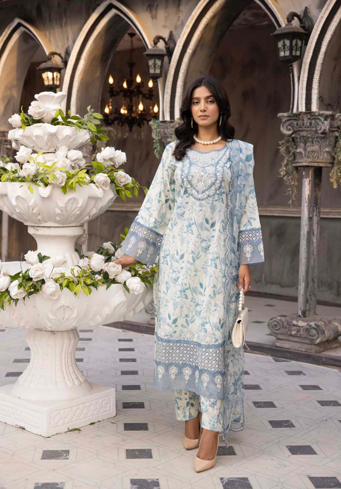 Ethnic Inspired Lawn Steel Blue 3 Piece Outfit With Embroidered Dupatta