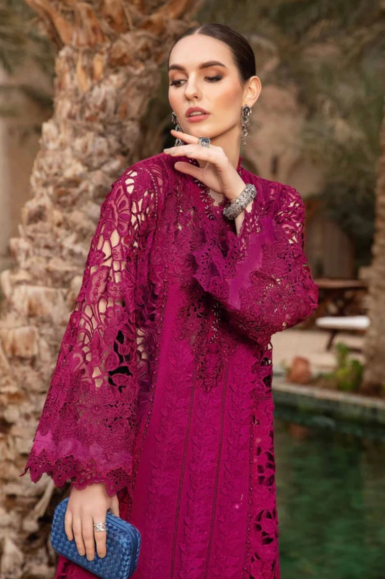 Maria B Inspired Laser Embroidered Fuscia Pink 3 Piece Trouser Outfit With Net Dupatta