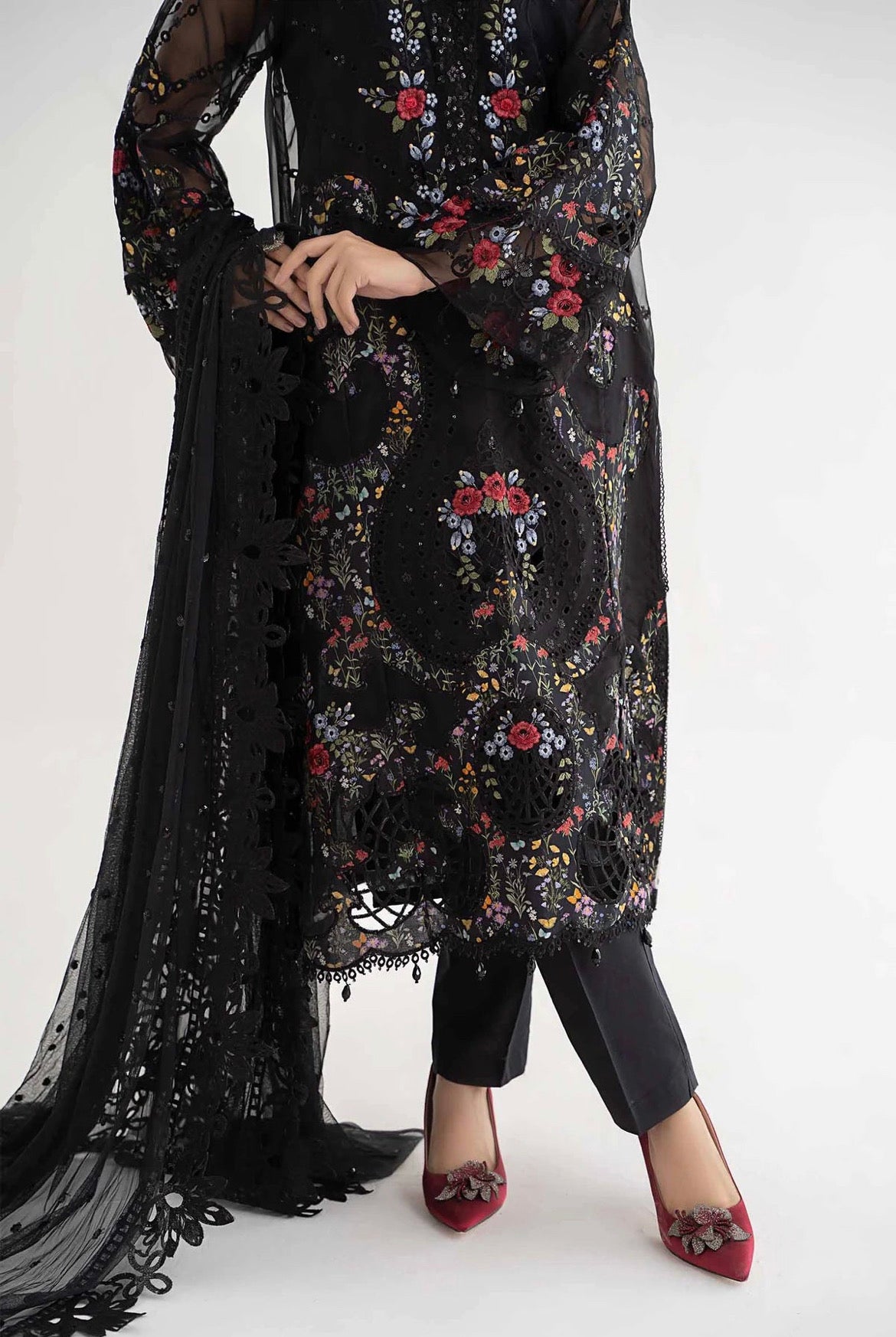 Maria B Inspired Embroidered Black Lawn 3 Piece Trouser Outfit With Net Dupatta