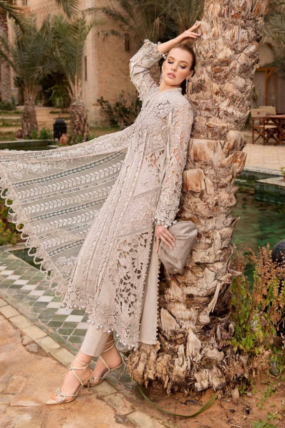 Maria B Inspired Laser Embroidered Ivory 3 Piece Trouser Outfit With Net Dupatta