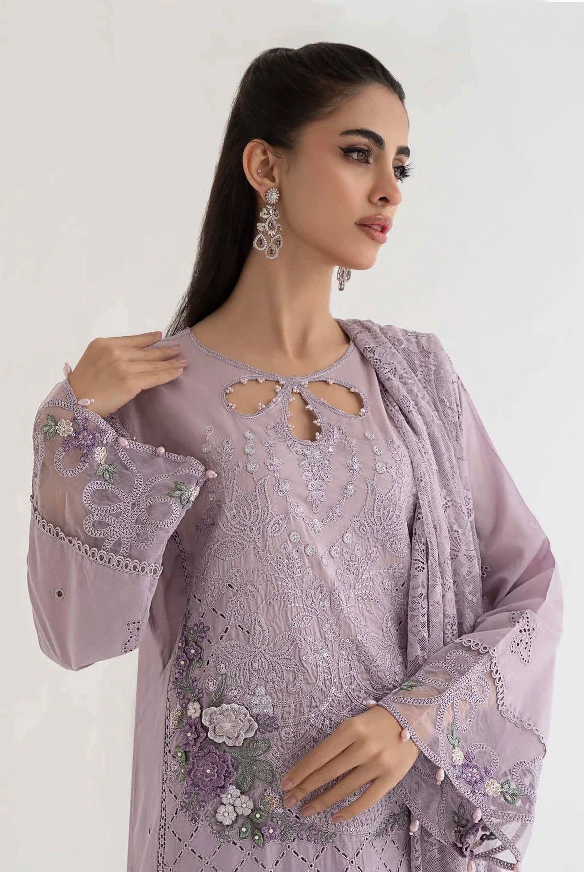 Maria B Inspired Embroidered Lilac 3 Piece Trouser Outfit With Net Dupatta