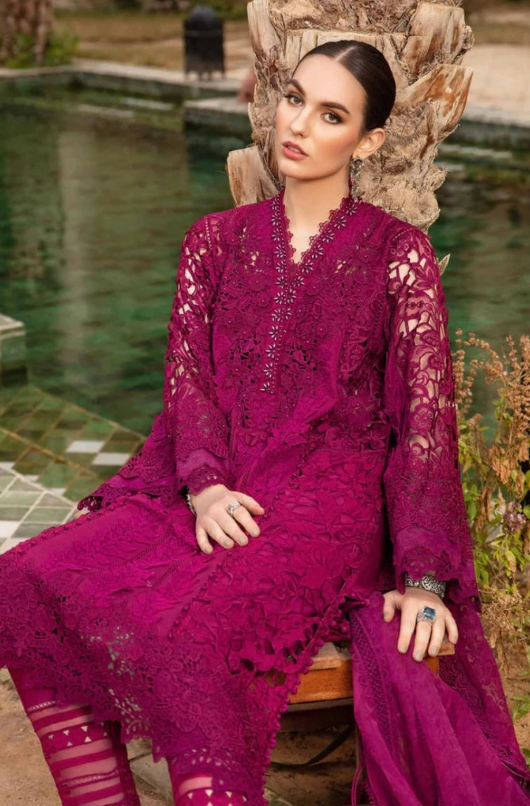 Maria B Inspired Laser Embroidered Fuscia Pink 3 Piece Trouser Outfit With Net Dupatta