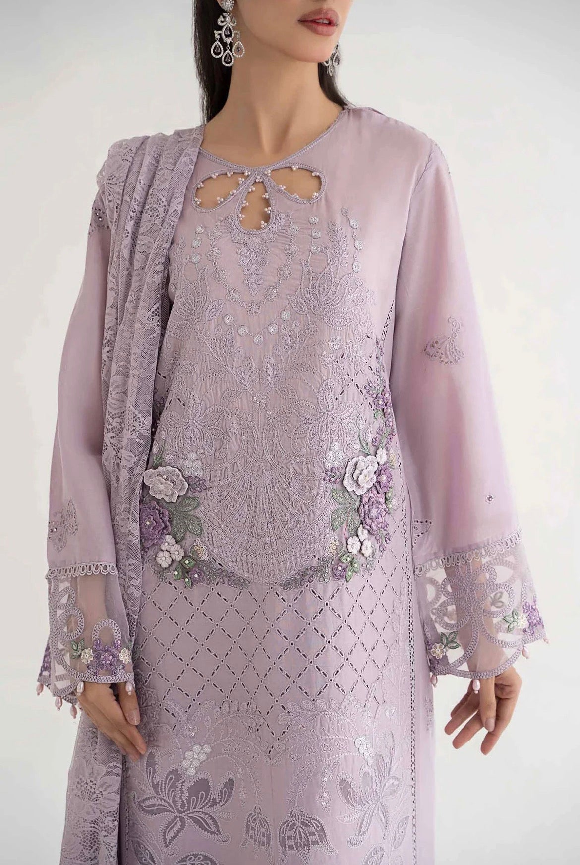 Maria B Inspired Embroidered Lilac 3 Piece Trouser Outfit With Net Dupatta