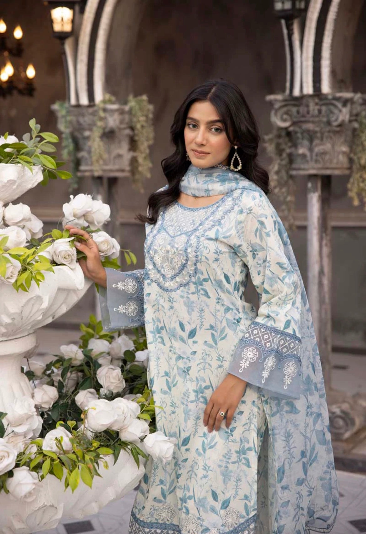 Ethnic Inspired Lawn Steel Blue 3 Piece Outfit With Embroidered Dupatta