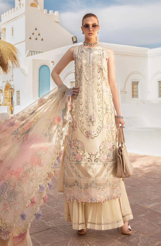 Maria B Inspired Chikan Embroidered Ivory 3 Piece Gharara Outfit With Full Sleeves