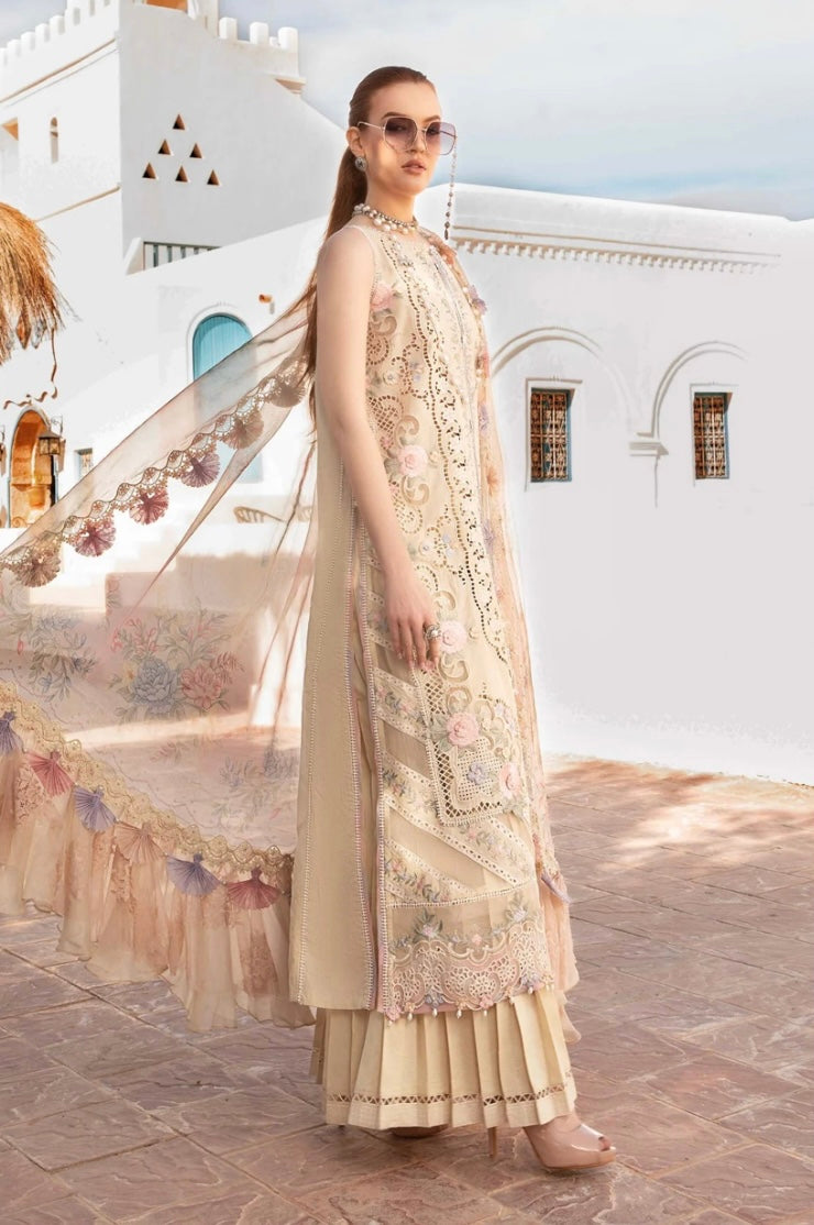 Maria B Inspired Chikan Embroidered Ivory 3 Piece Gharara Outfit With Full Sleeves