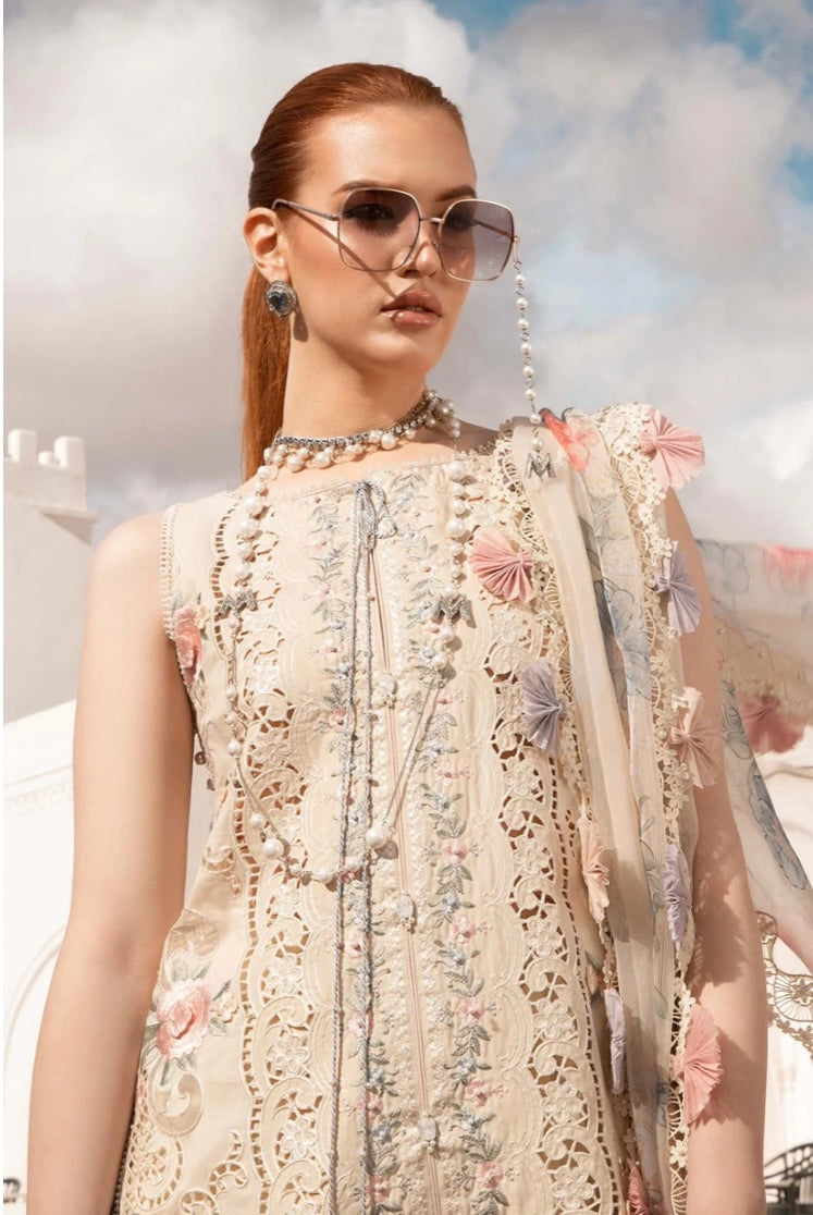 Maria B Inspired Chikan Embroidered Ivory 3 Piece Gharara Outfit With Full Sleeves