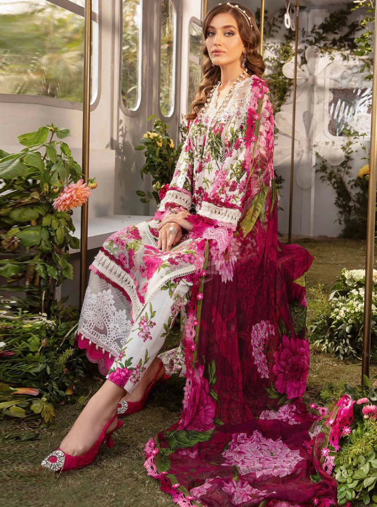Maria B Inspired Embroidered Floral Pink 3 Piece Trouser Outfit With Silk Dupatta