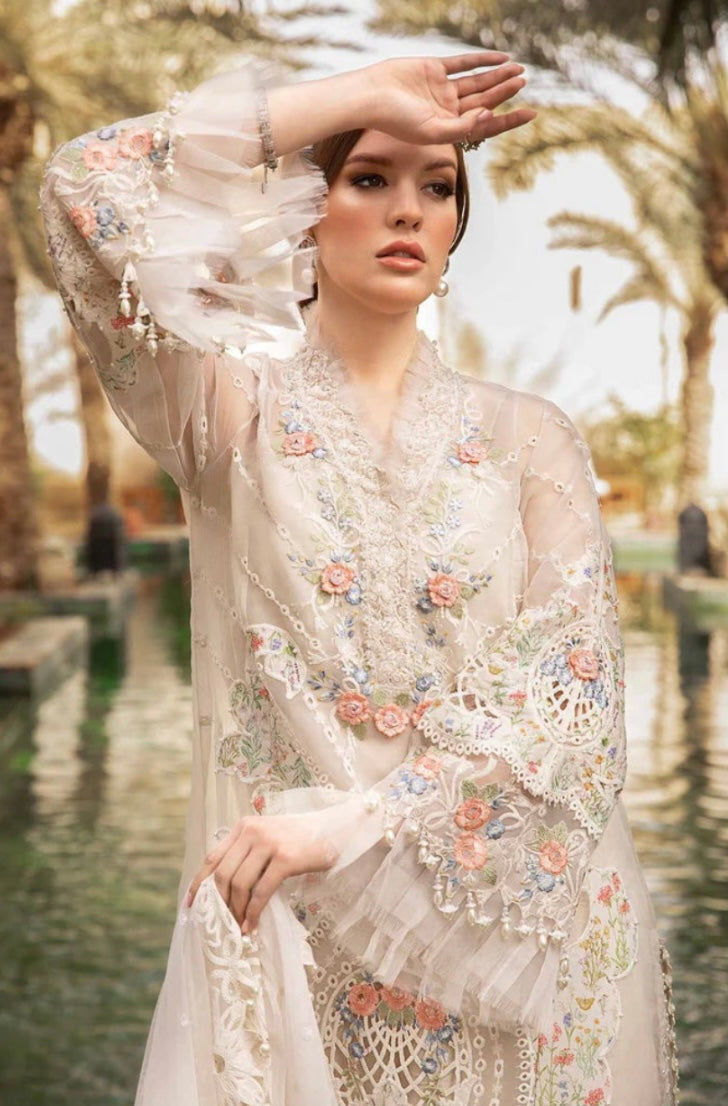 Maria B Inspired Chikan Embroidered Ivory 3 piece Trouser Outfit With Net Dupatta