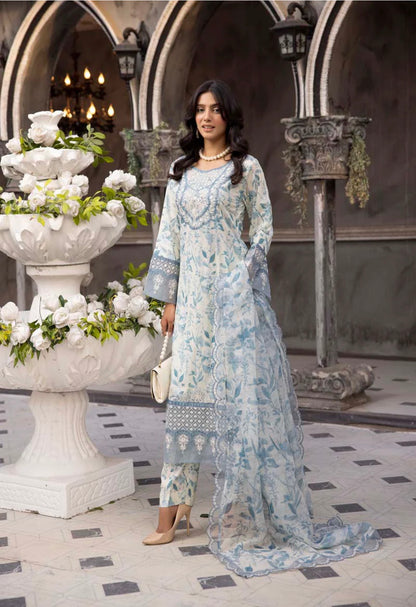 Ethnic Inspired Lawn Steel Blue 3 Piece Outfit With Embroidered Dupatta