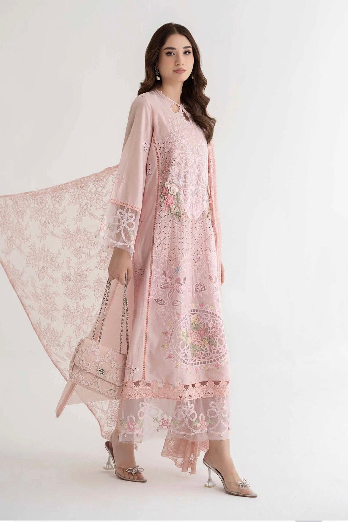 Maria B Inspired Embroidered Pink 3 Piece Trouser Outfit With Net Dupatta