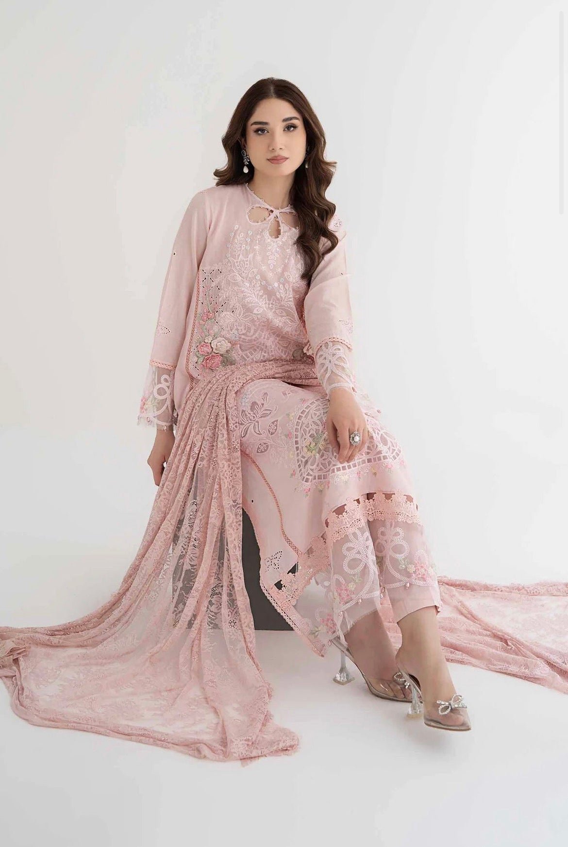 Maria B Inspired Embroidered Pink 3 Piece Trouser Outfit With Net Dupatta