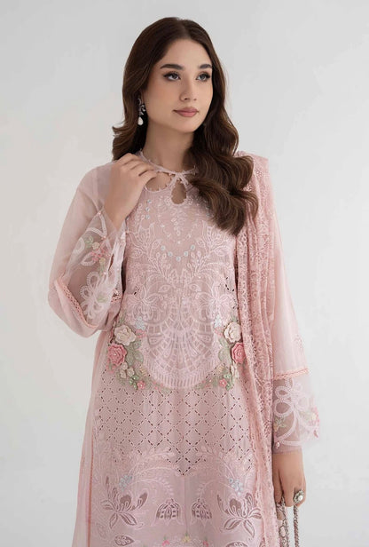 Maria B Inspired Embroidered Pink 3 Piece Trouser Outfit With Net Dupatta
