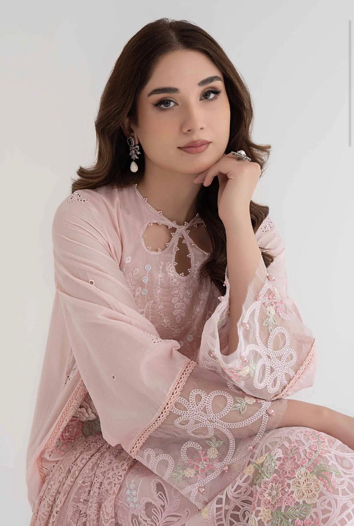 Maria B Inspired Embroidered Pink 3 Piece Trouser Outfit With Net Dupatta