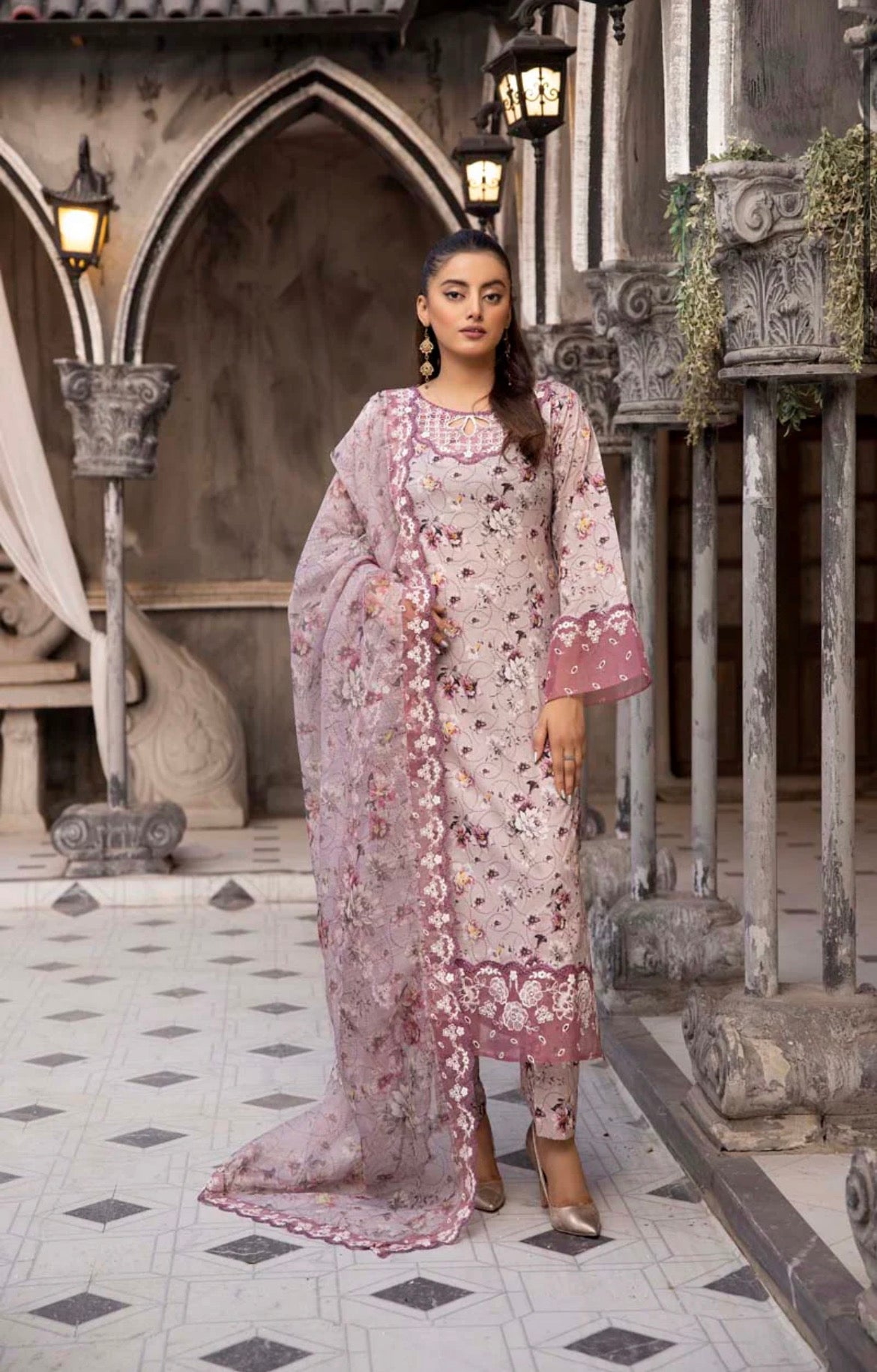Ethnic Inspired Lawn Dusty Pink 3 Piece Outfit With Embroidered Dupatta
