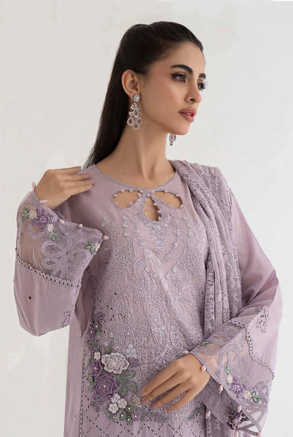Maria B Inspired Embroidered Lilac 3 Piece Trouser Outfit With Net Dupatta