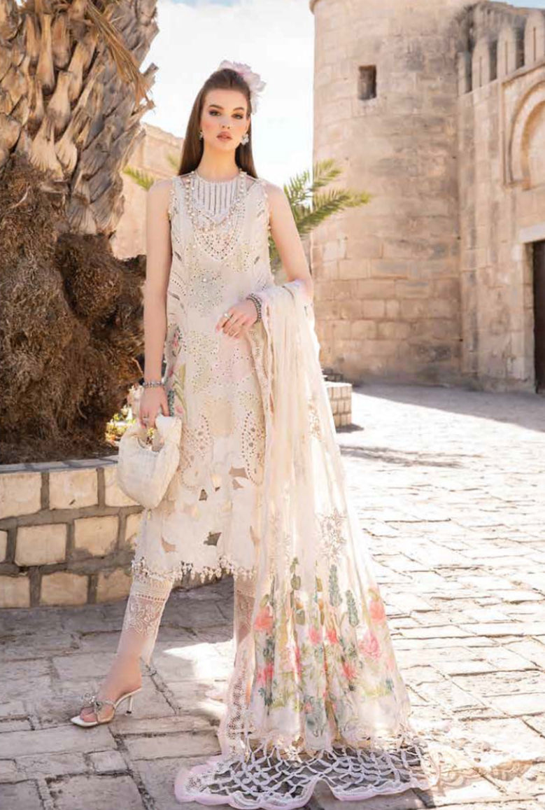 Maria B Inspired Chikan Embroidered White 3 Piece Trouser Outfit With Full Sleeves